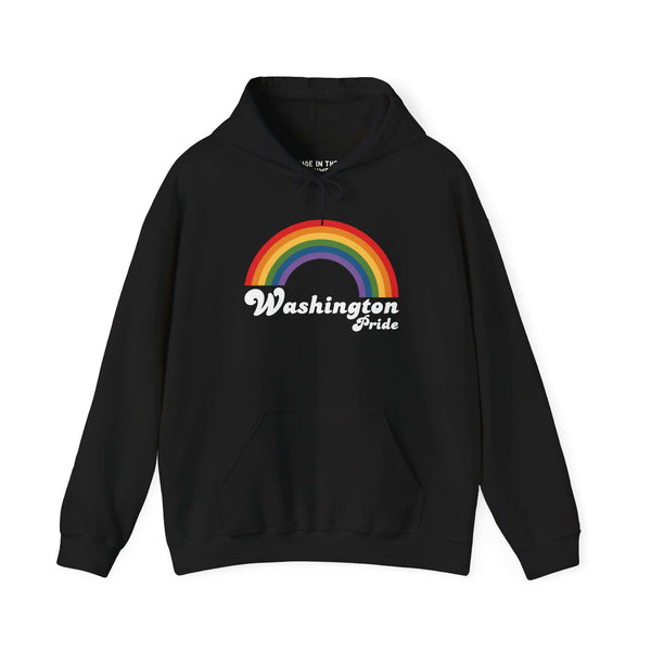 Black hoodie featuring bold rainbow design and 'Washington Pride' text for LGBTQ+ celebration.