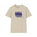 Out of Office Camper Softstyle T-Shirt featuring a retro travel trailer design for adventure lovers.