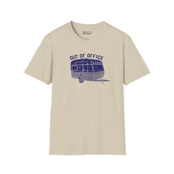 Out of Office Camper Softstyle T-Shirt featuring a retro travel trailer design for adventure lovers.