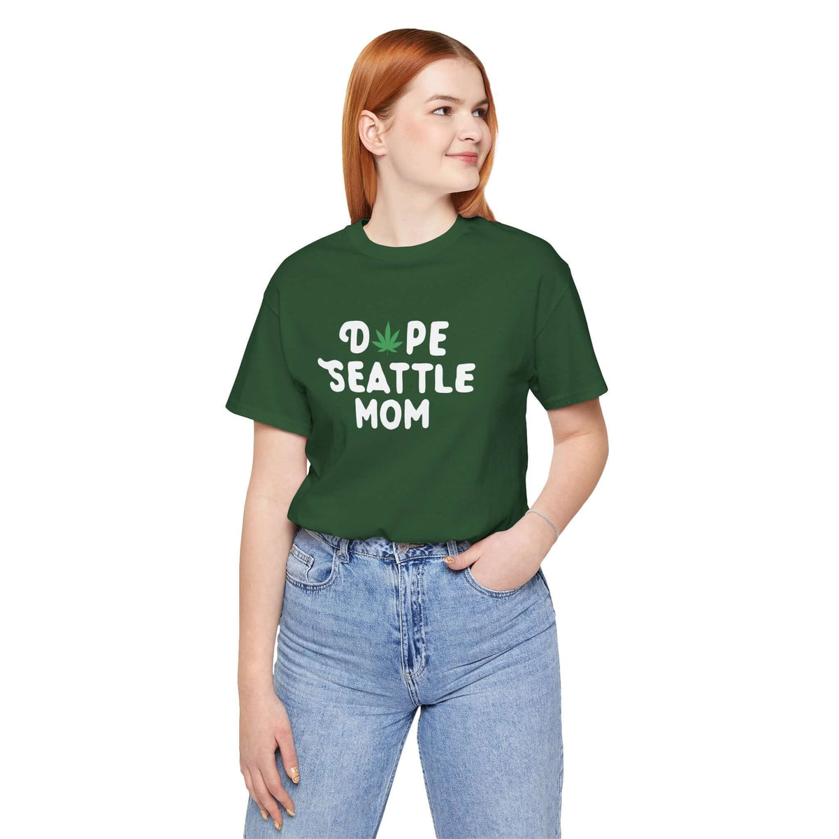 Model wearing a green Dope Seattle Mom tee with a marijuana leaf design, showcasing unique Seattle style.