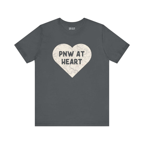 Heart of the PNW map print soft tee with "PNW at Heart" design showcasing Pacific Northwest pride.