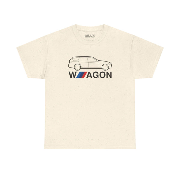 Beige athletic t-shirt featuring BMW F31 wagon silhouette and "Wagon" graphic for car enthusiasts.