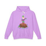 Funny purple hoodie with a gnome on a stump and axe, saying 