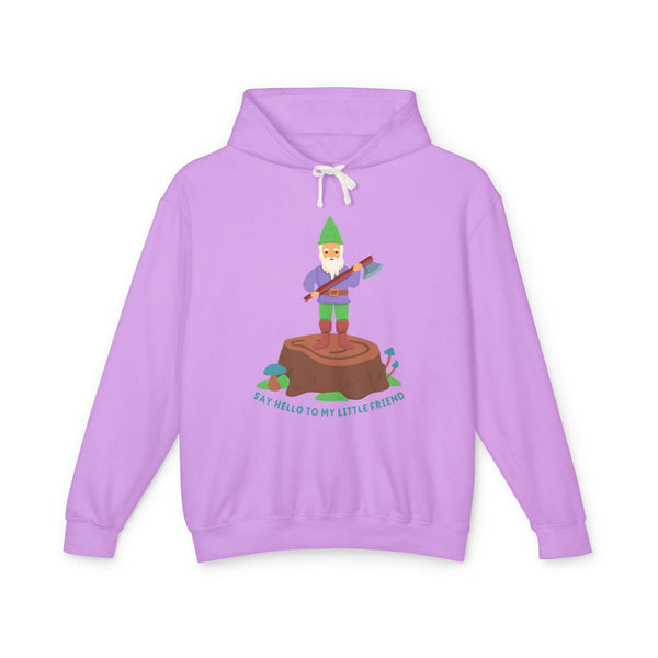 Funny purple hoodie with a gnome on a stump and axe, saying "Say Hello to My Little Friend".