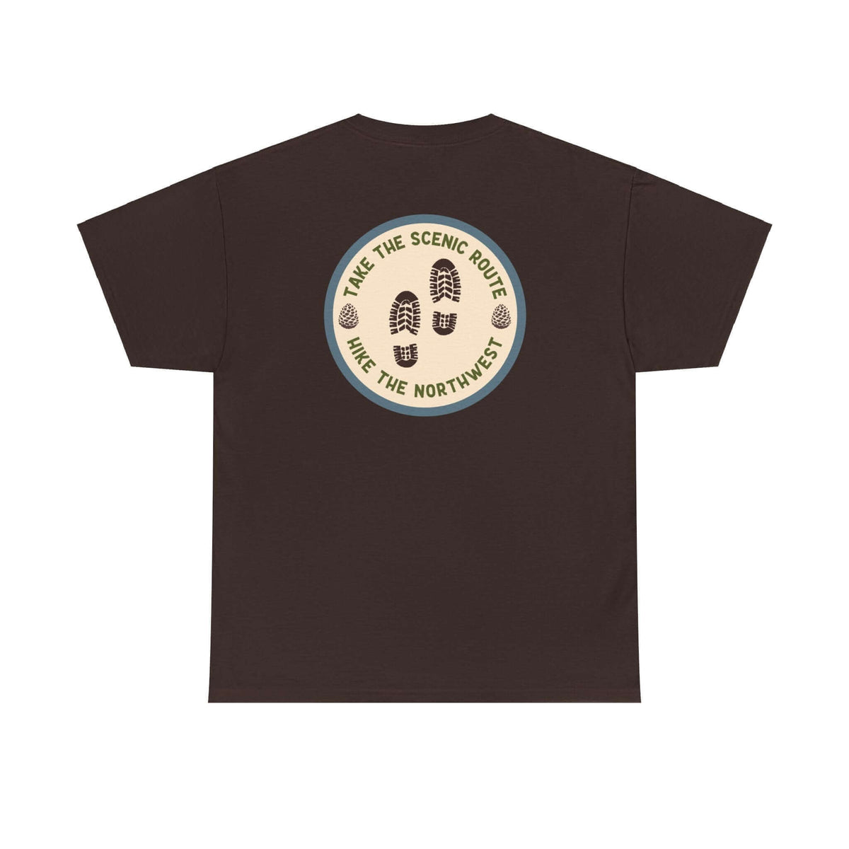 "Back view of brown Take the Scenic Route hiking tee featuring Northwest trail boot print design"