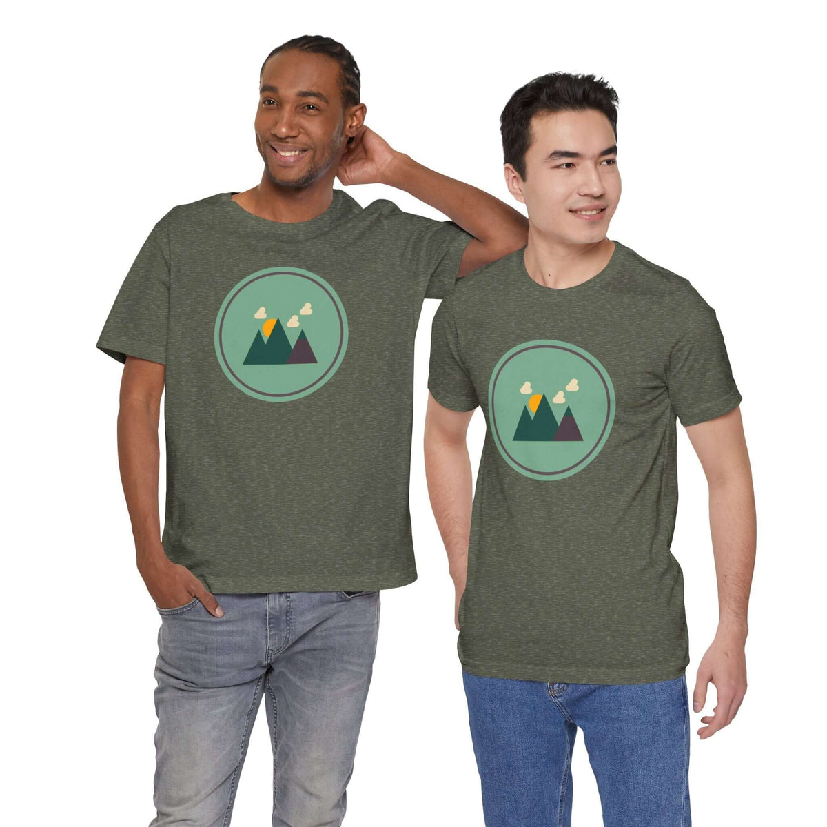 Two men wearing a minimalist forest design tee highlighting Pacific Northwest style and natural beauty.