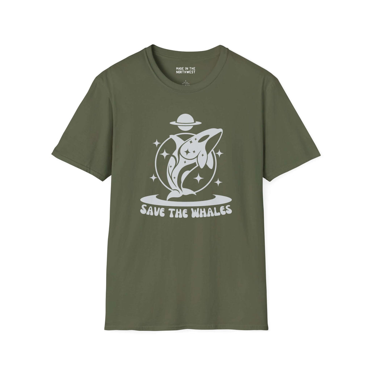 Save the Whales Orca Softstyle T-Shirt in olive green featuring a mystical orca graphic and bold design.