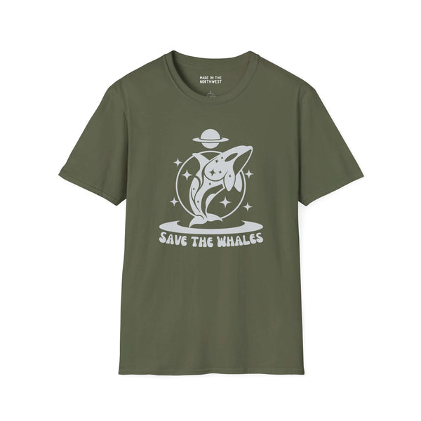 Save the Whales Orca Softstyle T-Shirt in olive green featuring a mystical orca graphic and bold design.