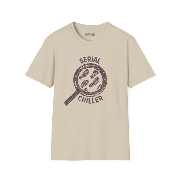 Serial Chiller True Crime Softstyle T-Shirt featuring a magnifying glass design, perfect for cozy nights and true crime fans.