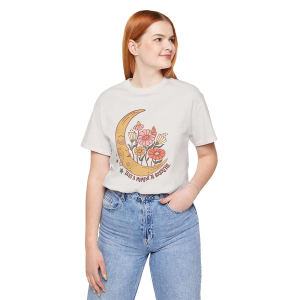 Take a Moment to Breathe T Shirt featuring a crescent moon and wildflowers, promoting calm and relaxation.