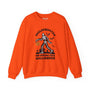 Orange Halloween sweatshirt featuring Skelesquatch with a trick-or-treat bucket, graveyard scene, and text "No Hiding This Halloween".