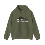 That's Killer Dude Orca Hoodie in olive green featuring a killer whale graphic, perfect for marine life lovers.