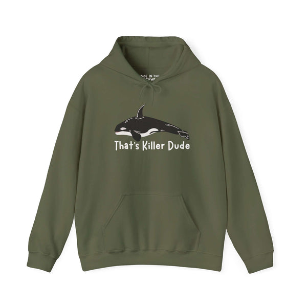 That's Killer Dude Orca Hoodie in olive green featuring a killer whale graphic, perfect for marine life lovers.