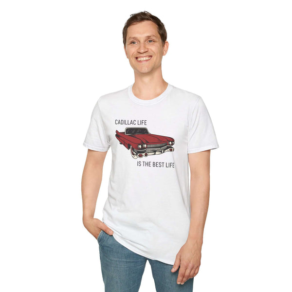 Cadillac Life is the Best Life softstyle t-shirt featuring iconic 1960 Series 62 in luxury white fabric.