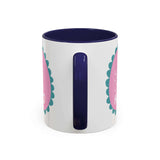 Be Your Own Hero Mug with pink badge and teal scallops, perfect for morning coffee or tea.