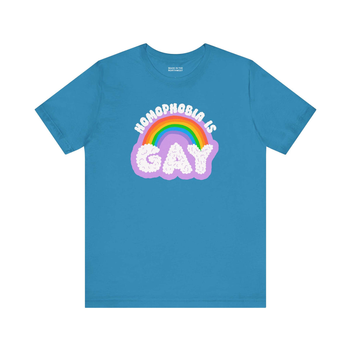 Homophobia Is Gay T Shirt featuring rainbow and cloud design on blue background.