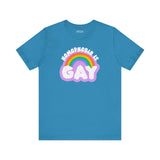 Homophobia Is Gay T Shirt featuring rainbow and cloud design on blue background.