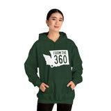 Model wearing a green hoodie featuring a Washington state silhouette and text 'From the 360', perfect for local pride.