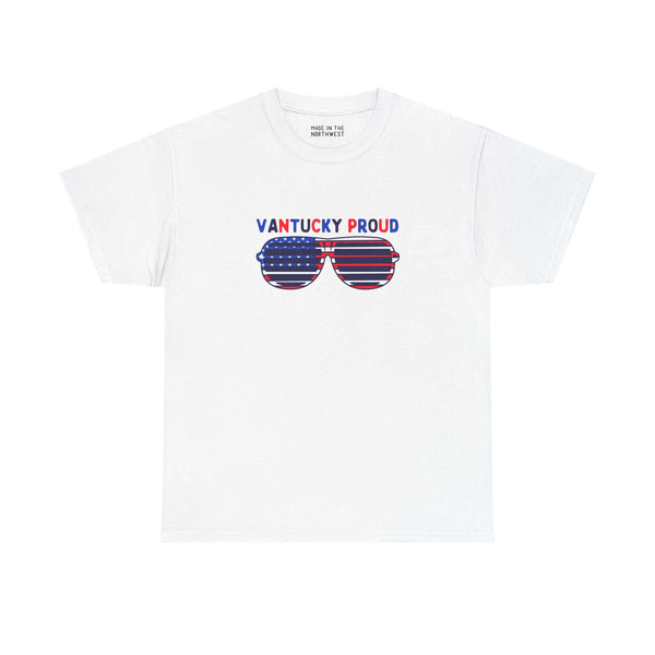 White Shades of Vantucky Proud Athletic Tee with red, white, and blue sunglasses design for summer style.