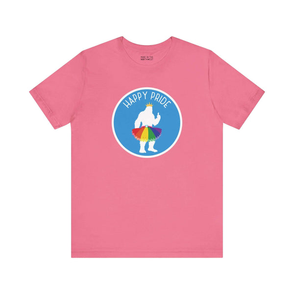 Pink tee featuring a silhouette of Bigfoot in a rainbow tutu with 