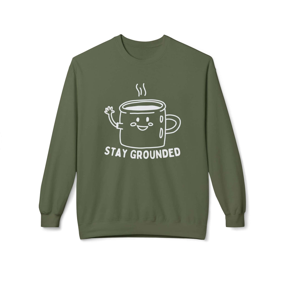 Stay Grounded Sweatshirt featuring minimalist coffee mug design and friendly smile.