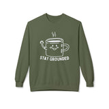 Stay Grounded Sweatshirt featuring minimalist coffee mug design and friendly smile.