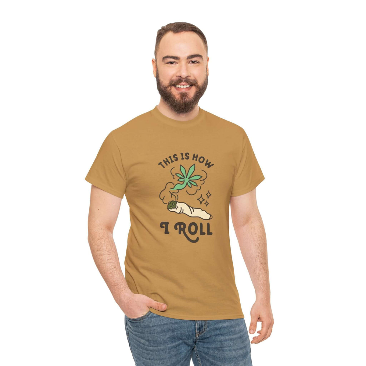 Male model wearing 'This is How I Roll' athletic tee featuring a marijuana joint graphic for a laid-back vibe.
