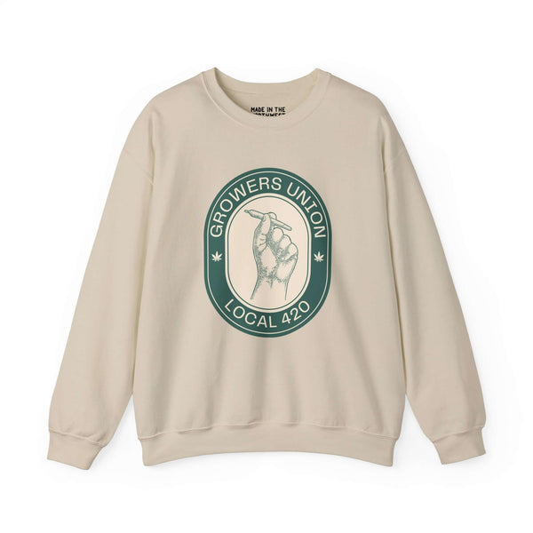 Beige Grower's Union Local 420 sweatshirt with a hand holding a joint design, celebrating 420 culture and humor.