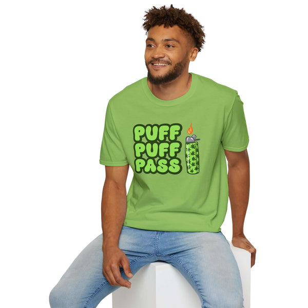 Puff Puff Pass T Shirt – Retro Cannabis Graphic Tee worn by a man, featuring bold green graphic and playful design.