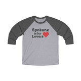 Spokane is for Lovers 3/4 raglan tee with heart graphic, celebrating Spokane pride and the beauty of the Inland Northwest.