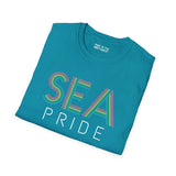 Pride in SEA Rainbow Softstyle T-Shirt featuring colorful 'SEA PRIDE' lettering on a teal background.