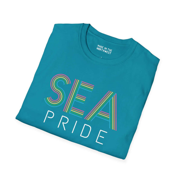 Pride in SEA Rainbow Softstyle T-Shirt featuring colorful 'SEA PRIDE' lettering on a teal background.