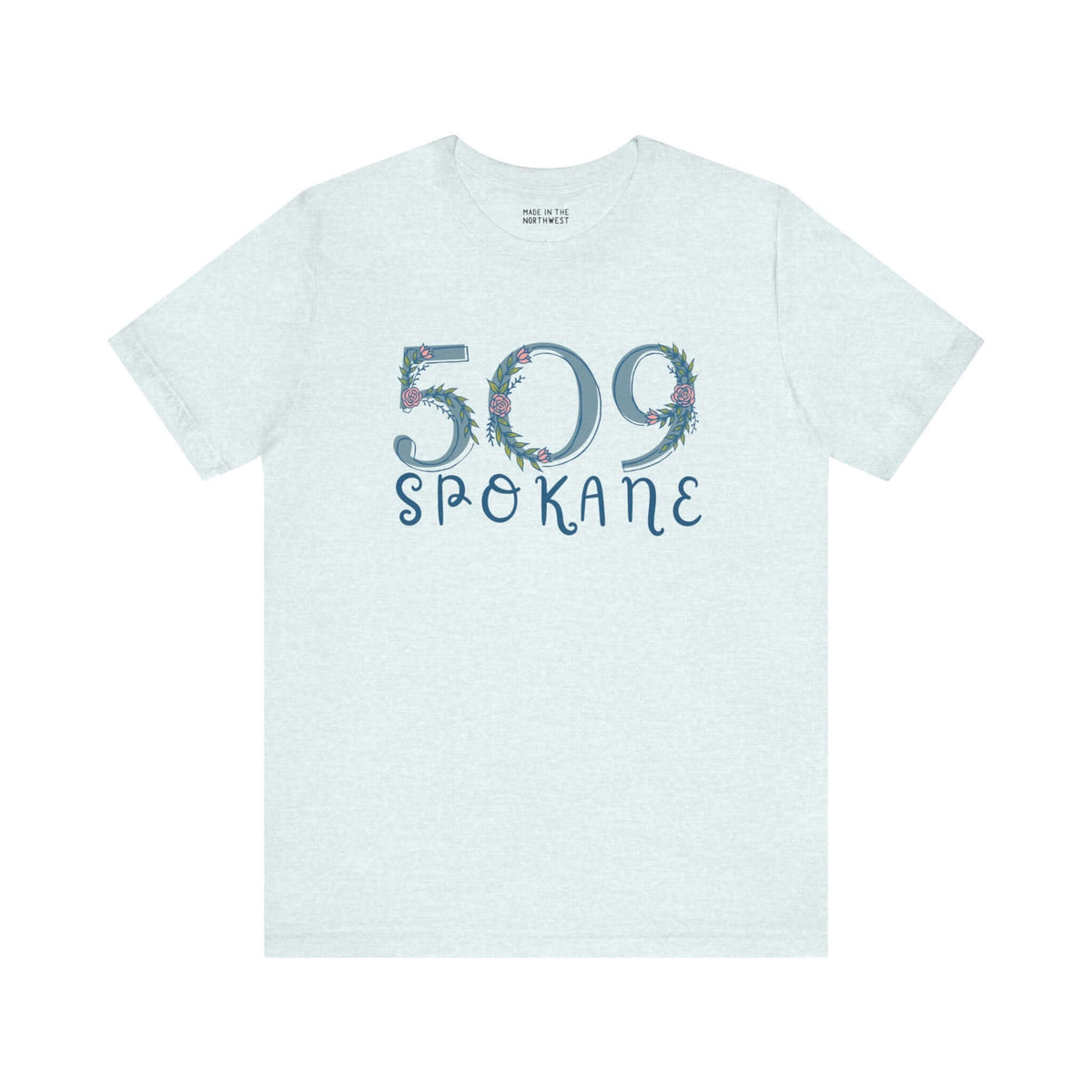 Light green 509 floral area code soft tee with Spokane print for Pacific Northwest style.