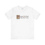 White premium soft tee featuring 'Leave the Road, Take the Trails' design with hiking boots. Perfect for outdoor adventures.