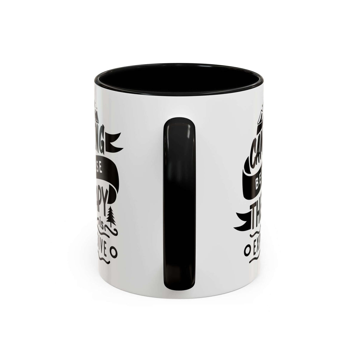 Camping Because Therapy Is Expensive mug with black text and mountain motif on a white background.