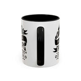 Camping Because Therapy Is Expensive mug with black text and mountain motif on a white background.