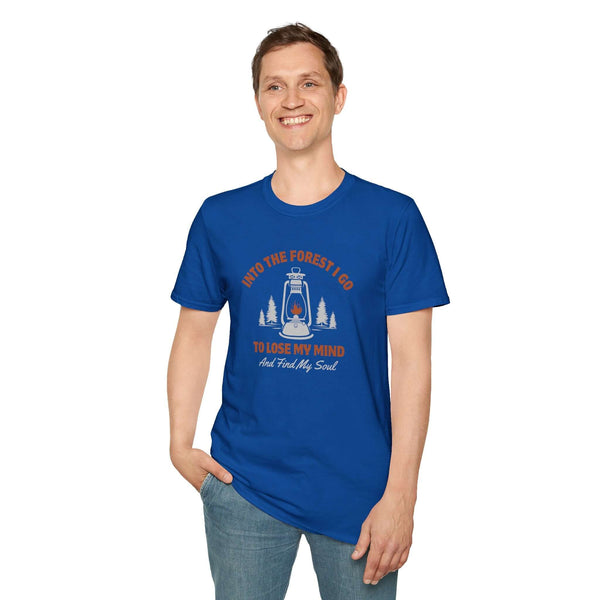 Man wearing blue 'Into the Forest I Go to Lose My Mind and Find My Soul' T-shirt, ideal for nature lovers.