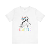 White tee with line art of George Washington wearing rainbow glasses, rainbow 