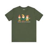 Chillin' with My Gnomies premium soft tee featuring whimsical garden gnomes and a fun message on an olive green shirt.