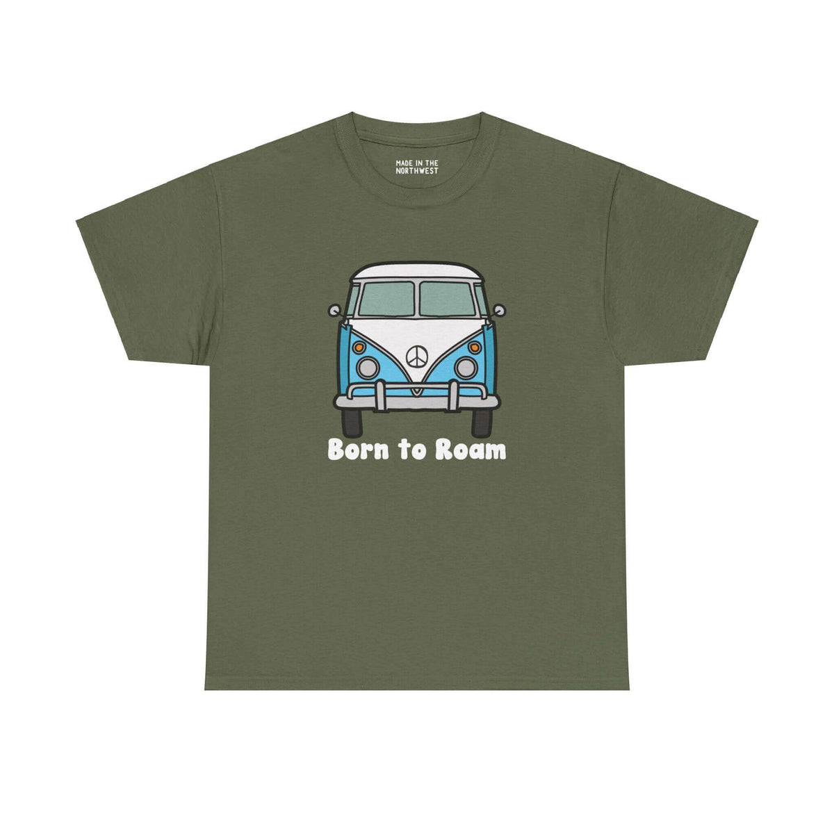 Olive green "Born to Roam" athletic tee featuring classic vanagon bus with peace sign. Perfect for free-spirited, nomadic lifestyle.