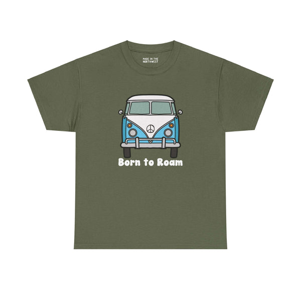 Olive green "Born to Roam" athletic tee featuring classic vanagon bus with peace sign. Perfect for free-spirited, nomadic lifestyle.