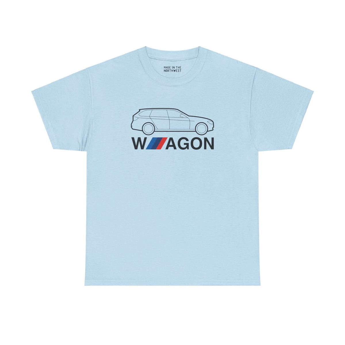 Light blue athletic t-shirt featuring a silhouette design of the iconic F31 BMW wagon and "Wagon" text for car enthusiasts.