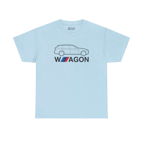 Light blue athletic t-shirt featuring a silhouette design of the iconic F31 BMW wagon and "Wagon" text for car enthusiasts.