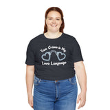 True Crime is My Love Language T Shirt featuring heart-shaped handcuffs on a model.