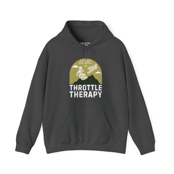 Throttle Therapy hoodie featuring dirt bikers jumping against mountain backdrop, ideal for motocross enthusiasts and adventure seekers.