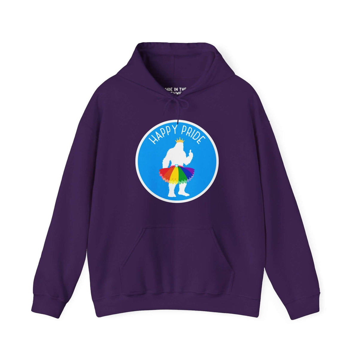 Bigfoot's Pride Parade hoodie with rainbow tutu and crown design on purple background, showcasing a festive Pride spirit.