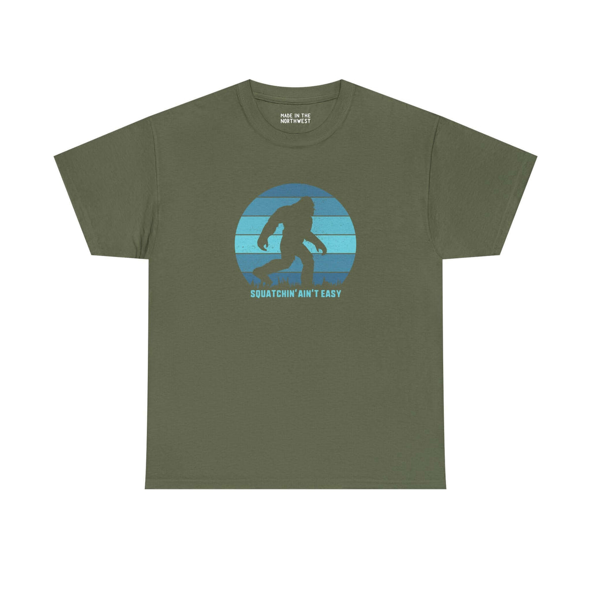 Olive green Squatchin' Ain't Easy athletic tee featuring a silhouette of Bigfoot.