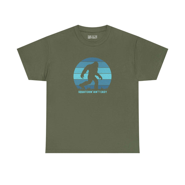 Olive green Squatchin' Ain't Easy athletic tee featuring a silhouette of Bigfoot.