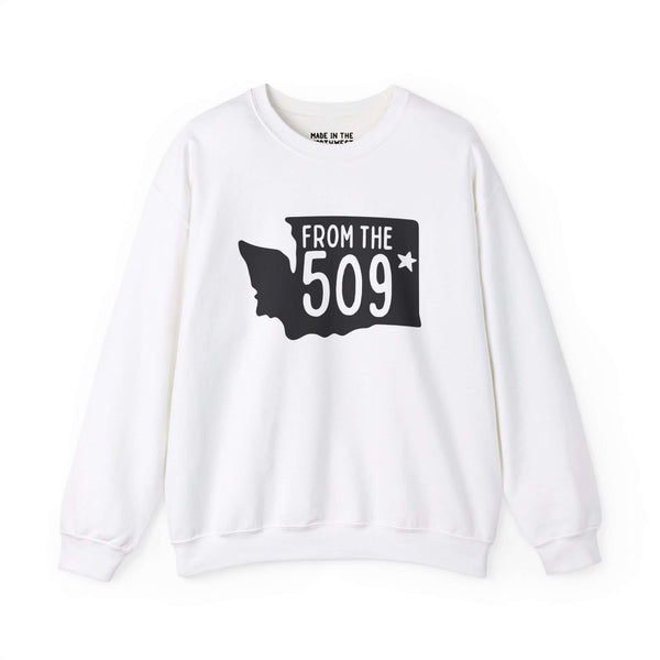 White sweatshirt with "From the 509" design featuring Washington state silhouette and star marking Spokane.