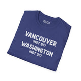 Blue softstyle t-shirt featuring 'Vancouver (Not BC) Washington (Not DC)' text, ideal for proud locals.